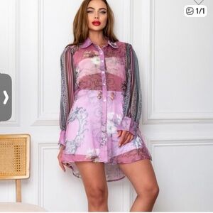 Chic Sheer Pink and Purple Button-Up Dress